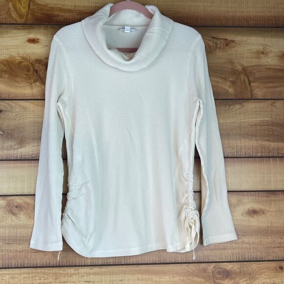 J Jill Womens‎ Cowl Neck Waffle Knit Long Sleeve Ruched Sweater Top Shirt Medium - Picture 1 of 9